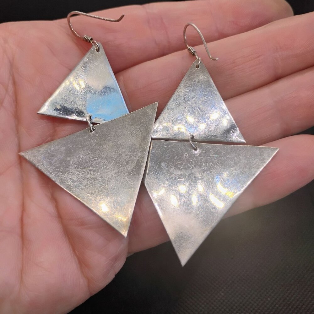 Modernist Geometric Sterling Silver Connected Dangle Triangle Earrings 3D 18.1g - Picture 6 of 7
